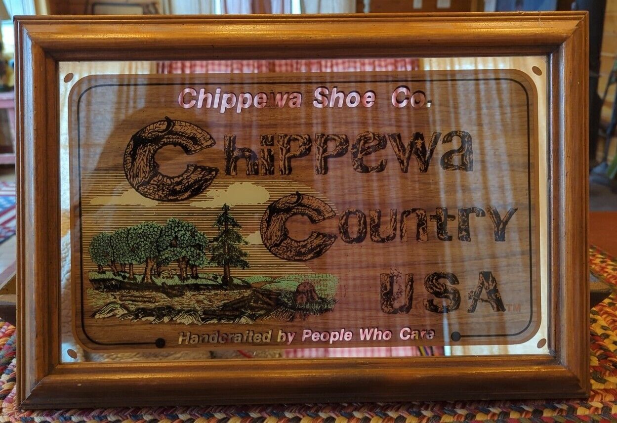 Vintage Chippewa Shoe Co. Reverse Painted Mirror Sign Chippewa Country USA 