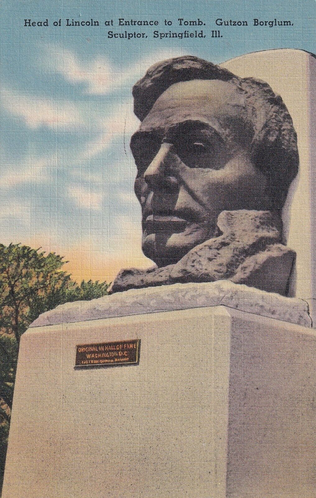 Head Of Lincoln Borglum Sculptor Springfield Illinois Linen Postcard T230