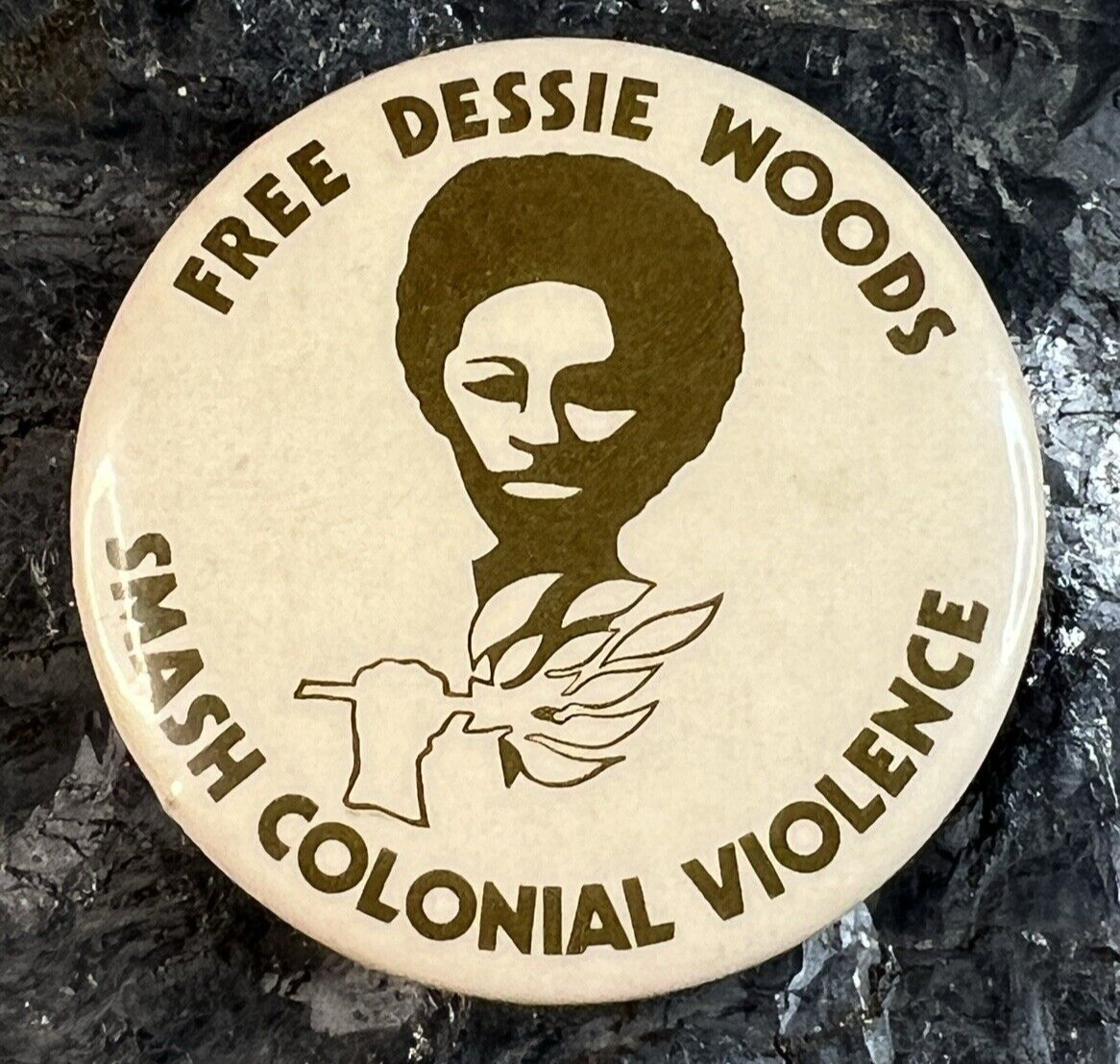 Free Dessie Woods, Smash Colonial Violence 1970s Civil Rights Protest Button Pin