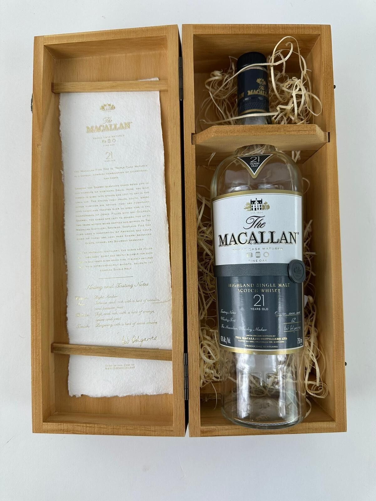 The Macallan 21 Years Old Triple Cask Matured Whiskey Empty Bottle W/ Wooden Box