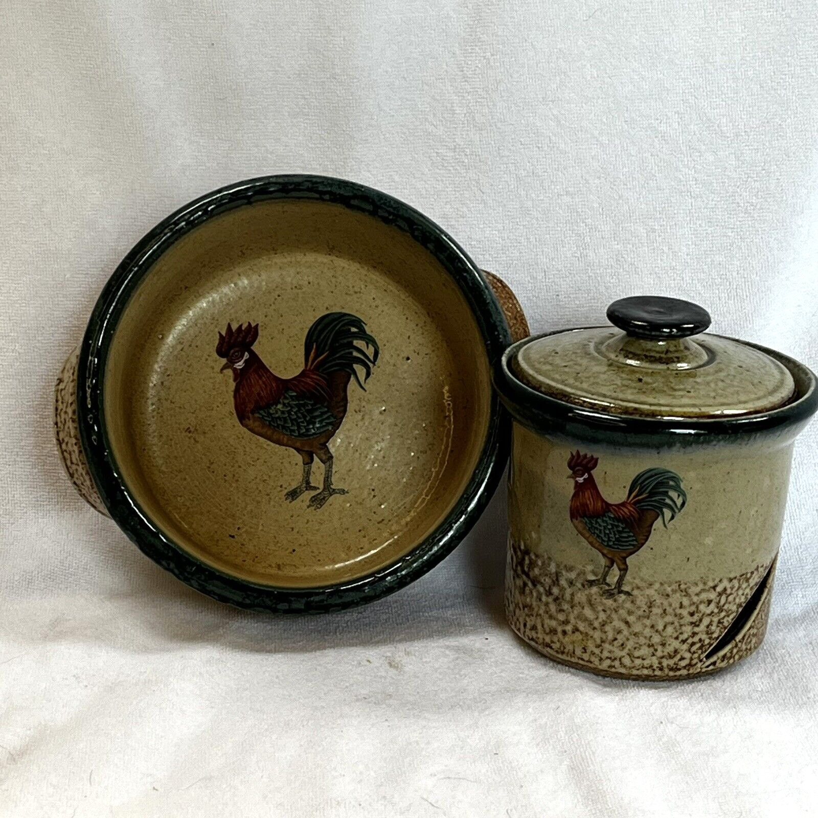 Monroe Salt Works Pottery 3 Pc VTG D/C Set Rooster Garlic Jar/Lid & Chowder Bowl