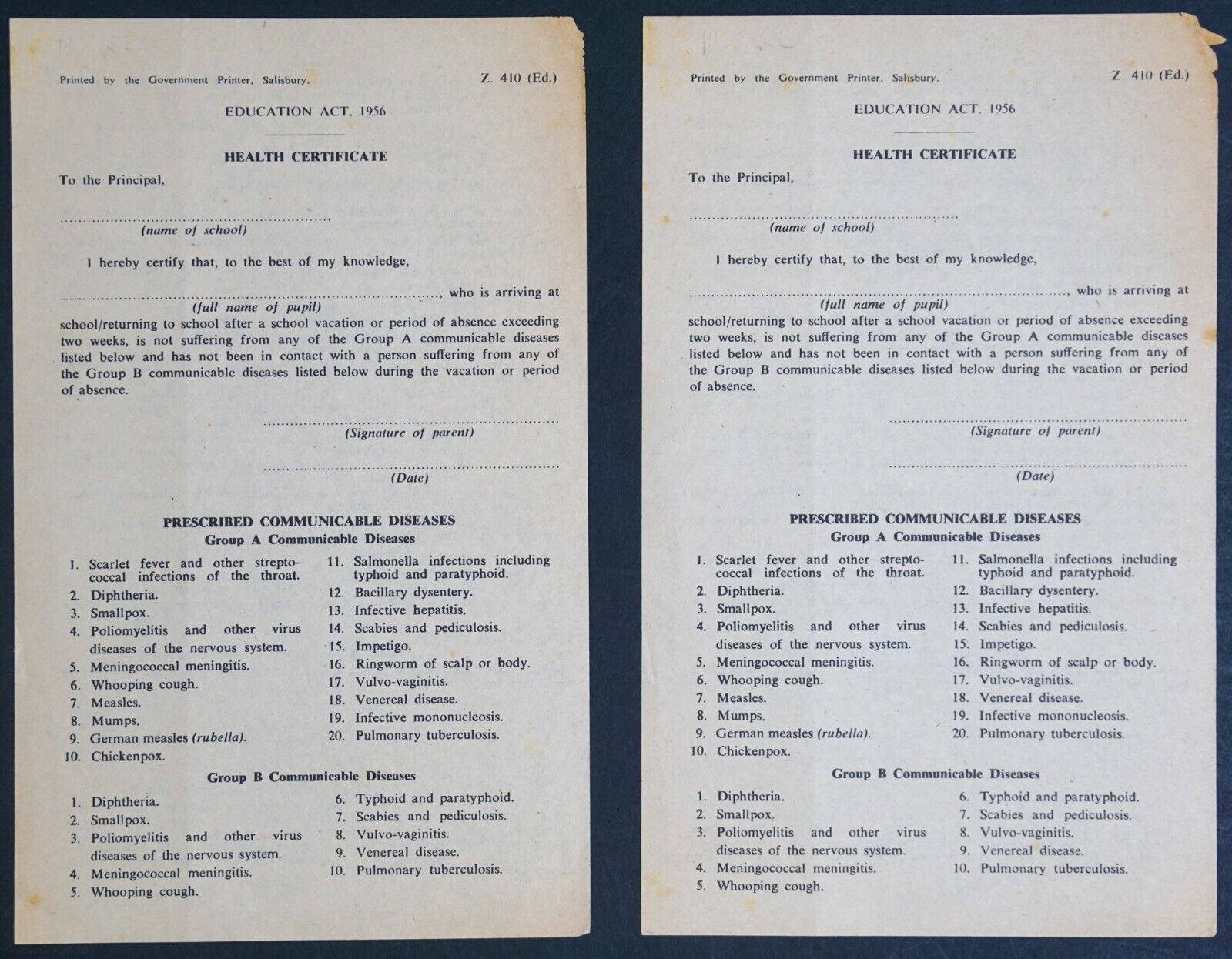 1956  Apartheid Era South Africa Education Act Blank Health Certificates