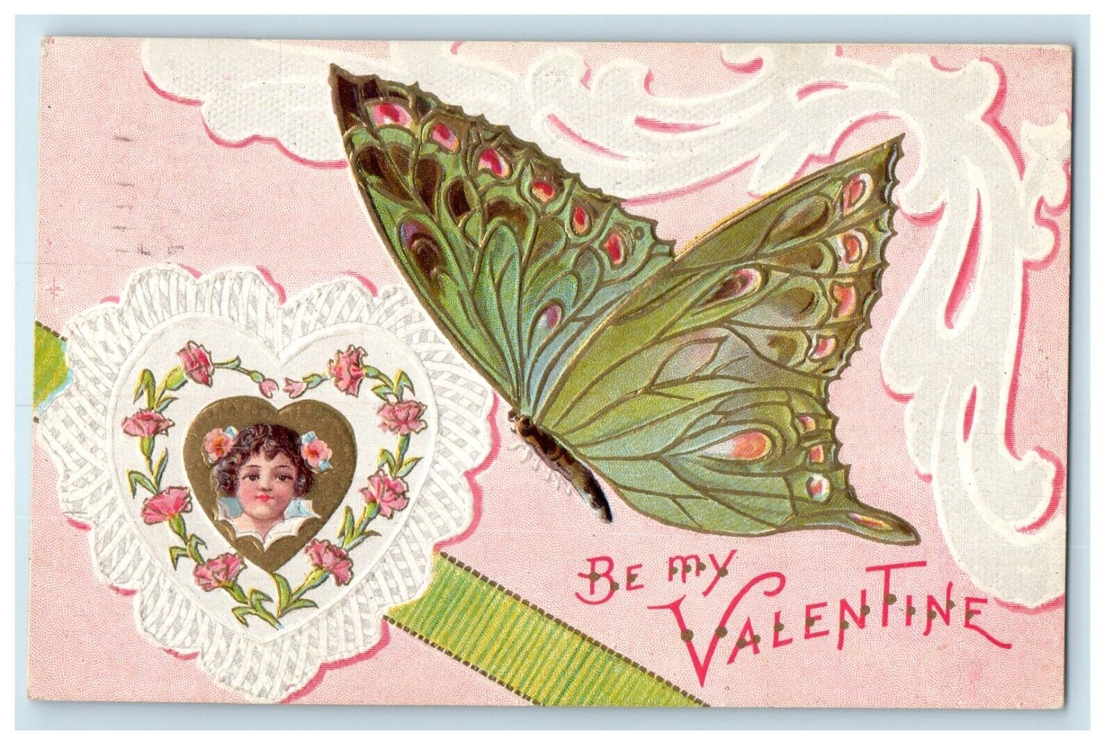 c1910\'s Valentine Green Butterfly Heart Girl Head Flowers Embossed Postcard