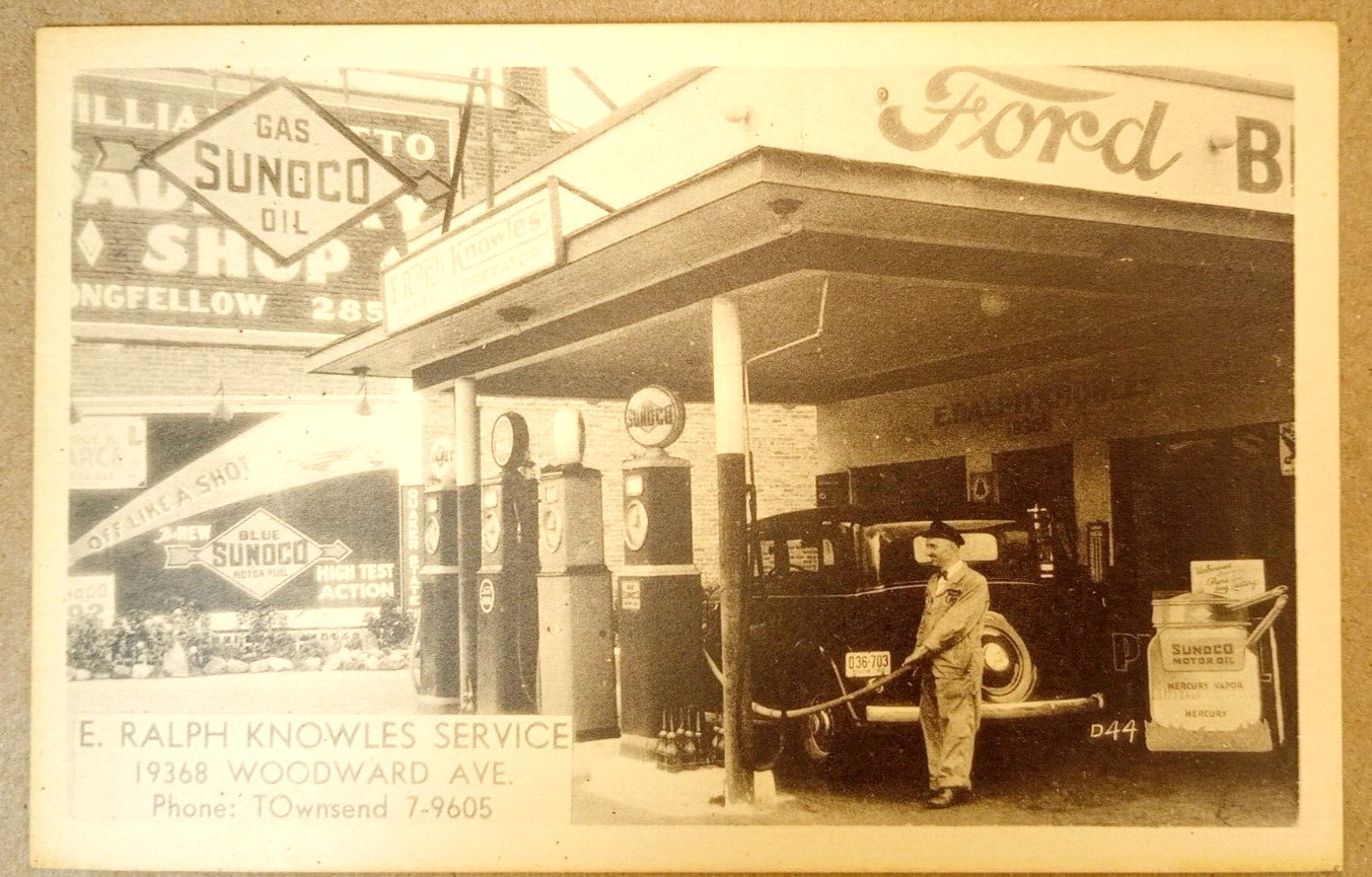 1930s Or 40's Sunoco Gas Service Station Detroit Mi. Advertising Postcard Signs