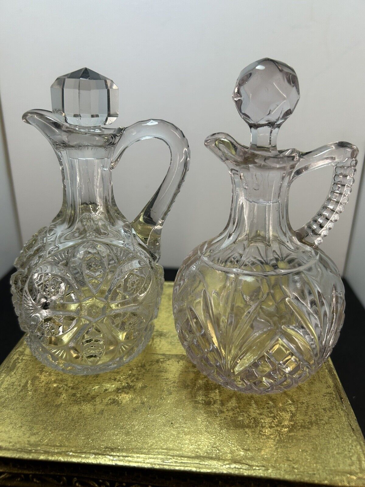 Two Vtg Oil / Vinegar Cut Glass Crystal Decanters Set  Not Matching (RH) 5.5”-6”