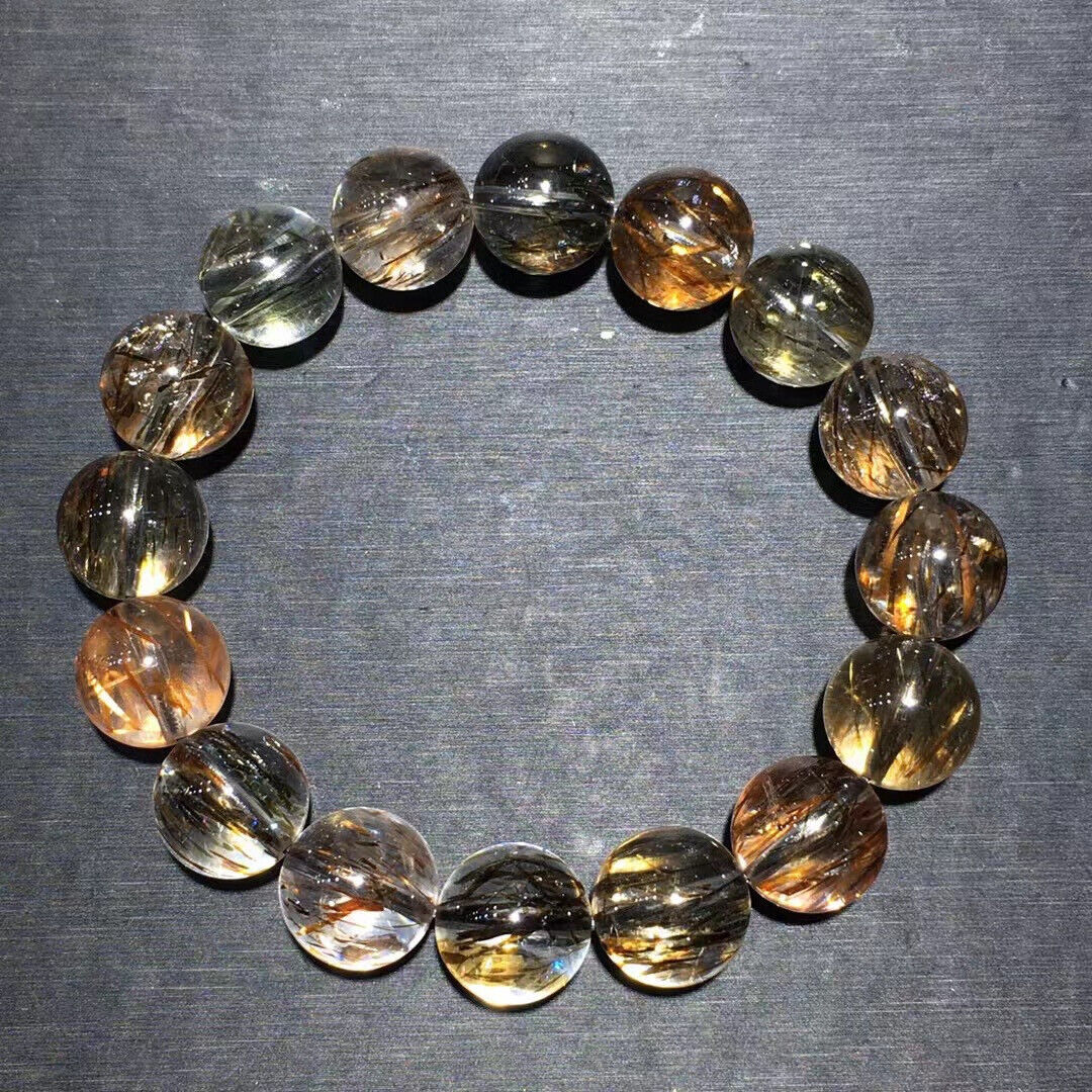 13mm Genuine Natural Black Super 7 Seven lepidocrocite Quartz Beads Bracelet