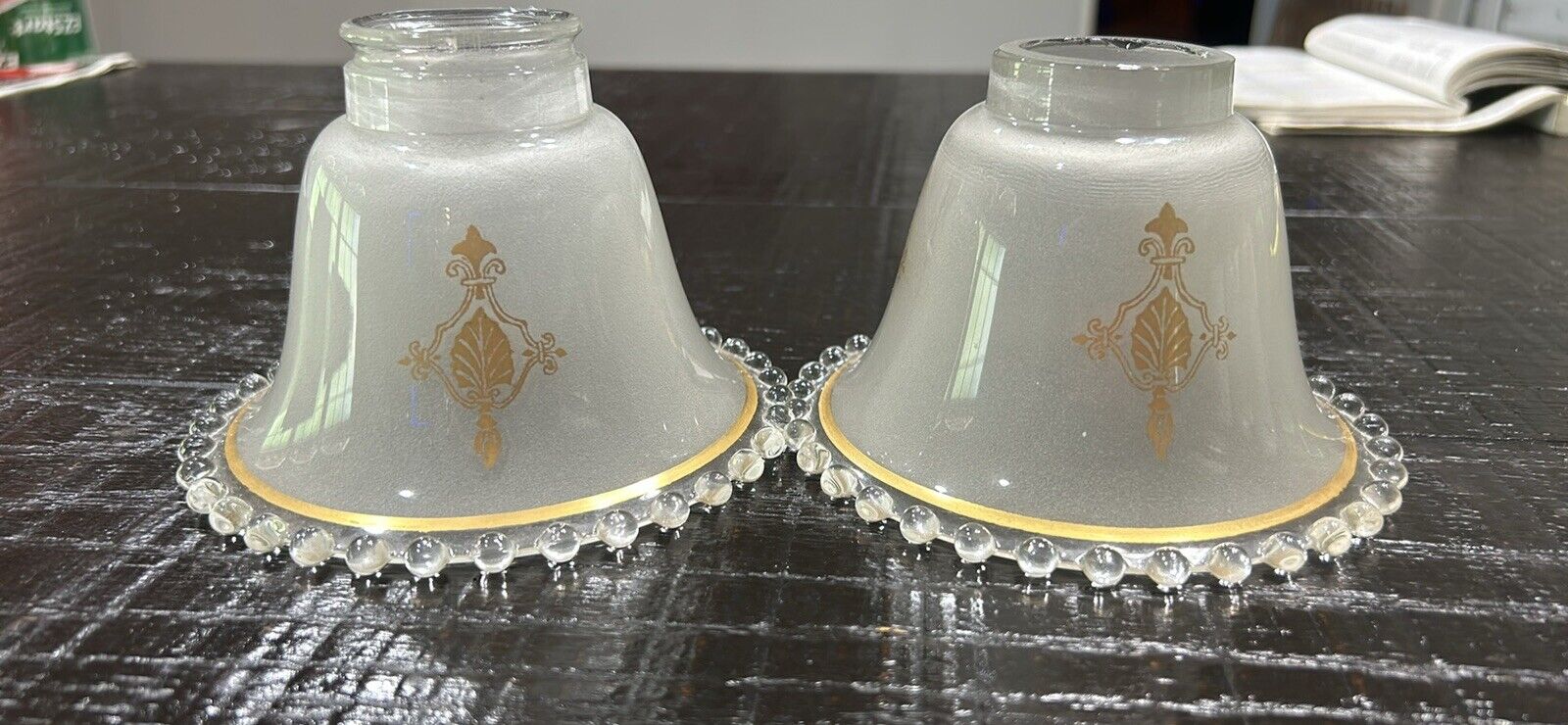 2 Imperial Candlewick Glass Light Shade Frosted Gold Decoration Excellent Con.