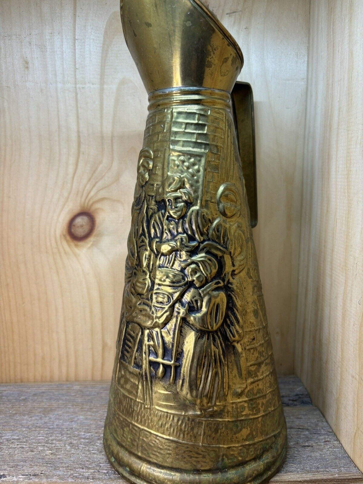 Vintage Embossed Brass Pitcher/Vase made in England- Beautiful Patina