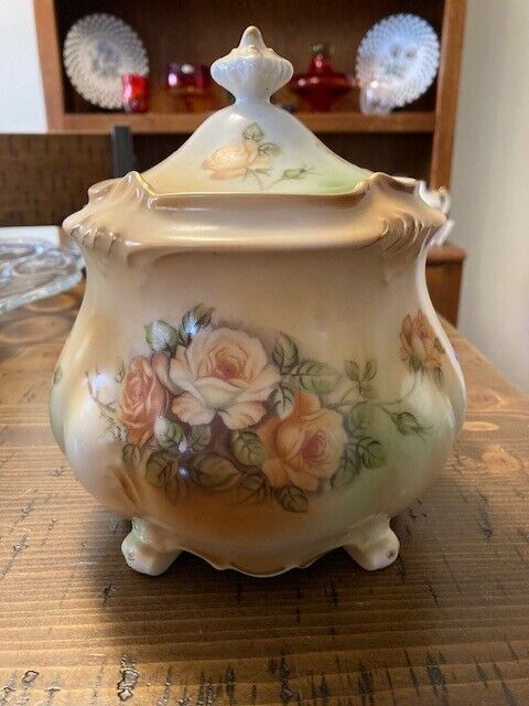 RS Prussia (Reinhold Schlegelmilch) Porcelain Biscuit Jar with Roses Gold Trim