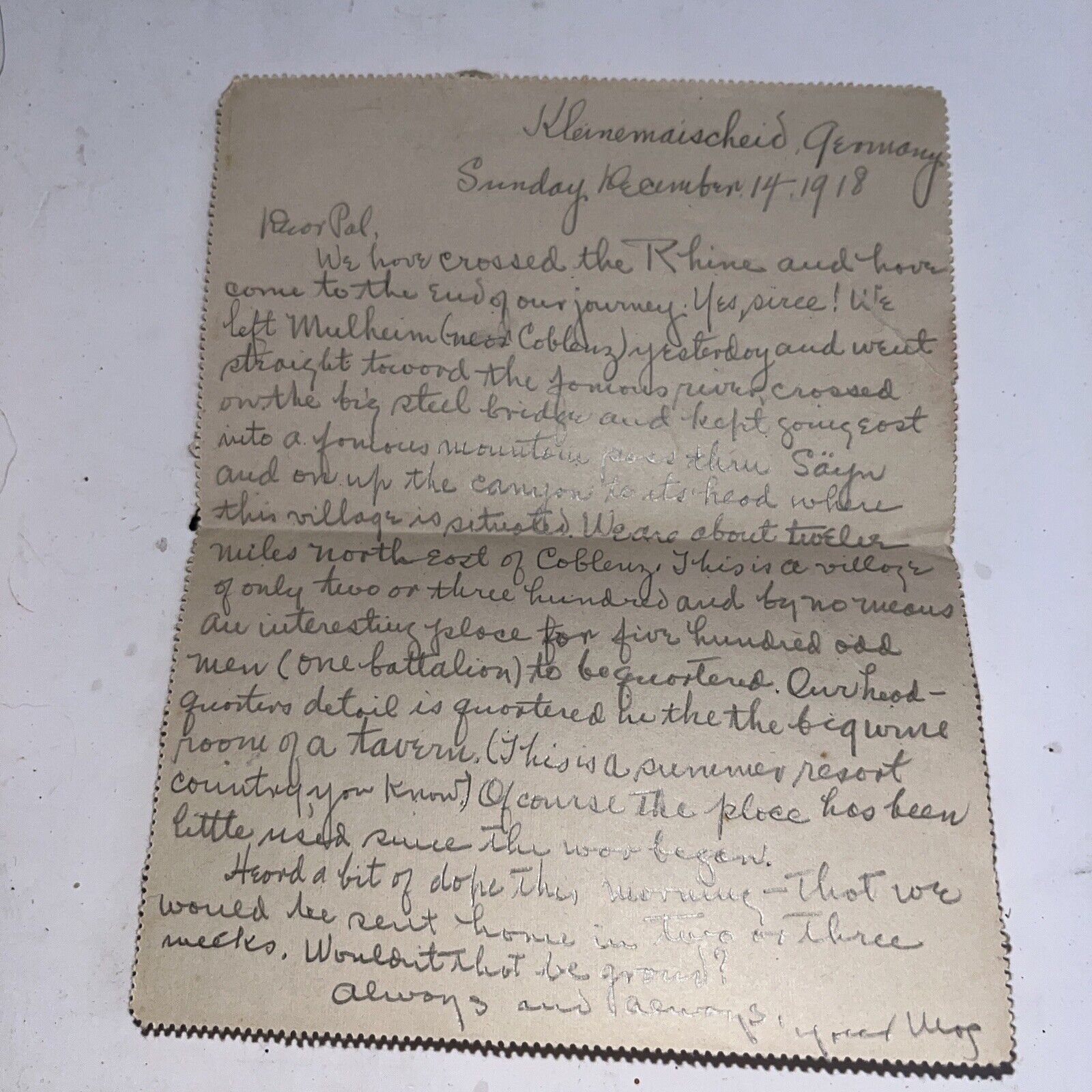 Antique December 1918 WWI Letter Home From Kleinmaischeid Germany - Coming Home?