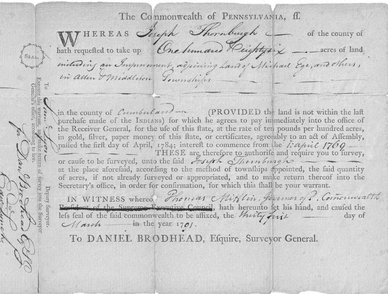 Founding Father Thomas Mifflin Signs Request For Land Survey Less Indian Land