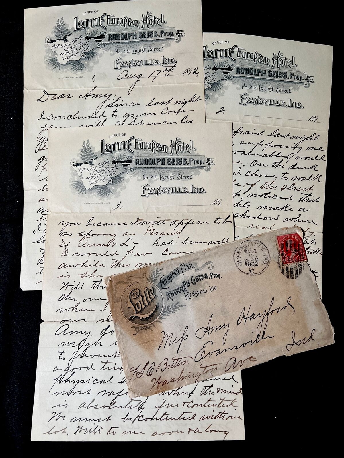 1892 antique LOTTIE European HOTEL Evansville Indiana RUDOLPH GEISS letters