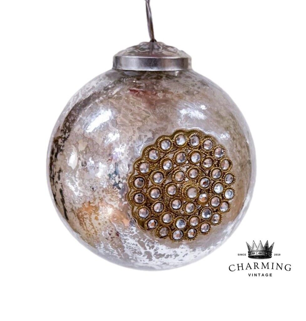 Vintage Pottery Barn Mercury Silver Etched Jeweled Blown Glass Round Ornament