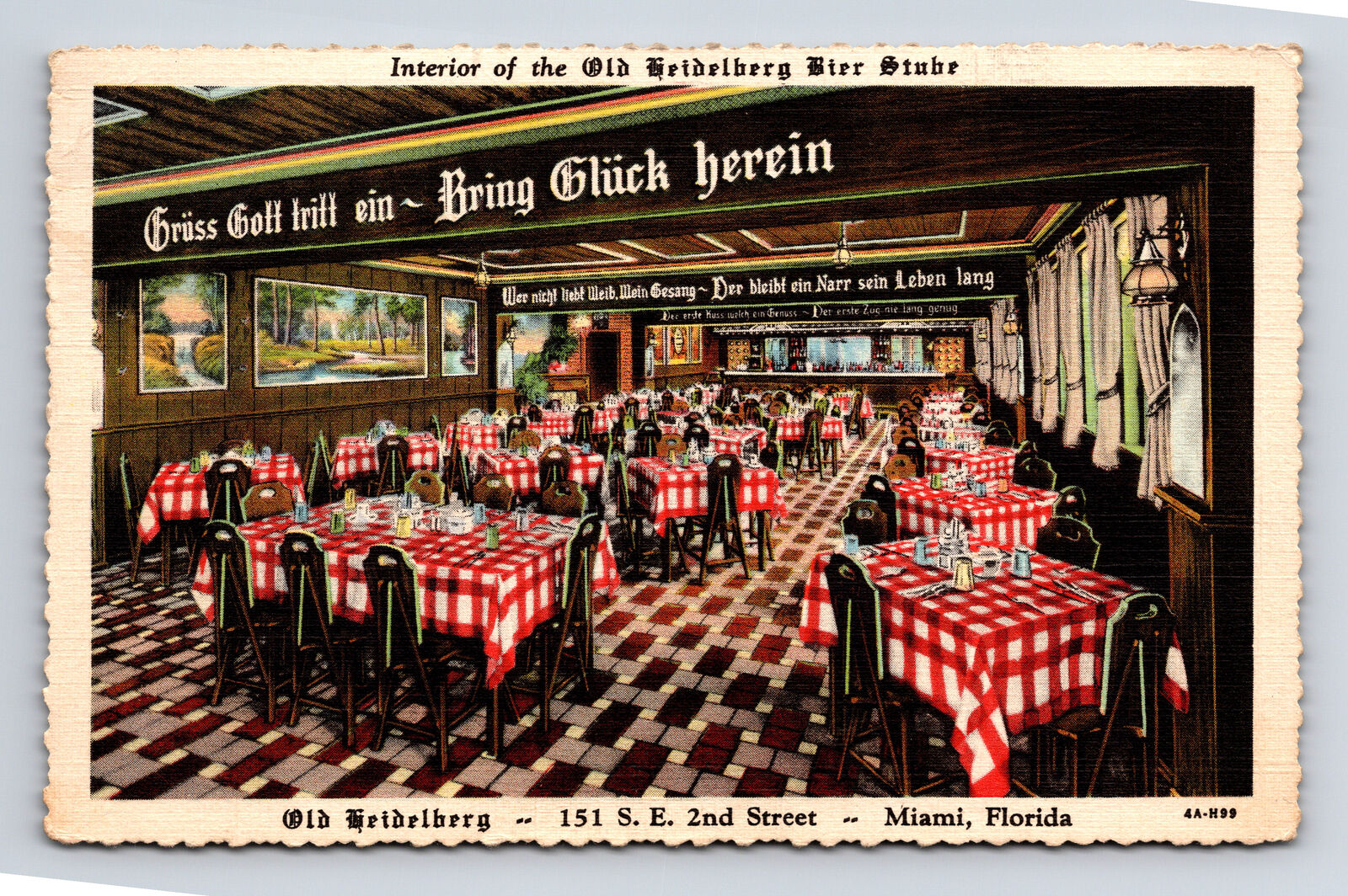 1937 Interior Old Heidelberg Bier Stube German Restaurant Miami FL Postcard