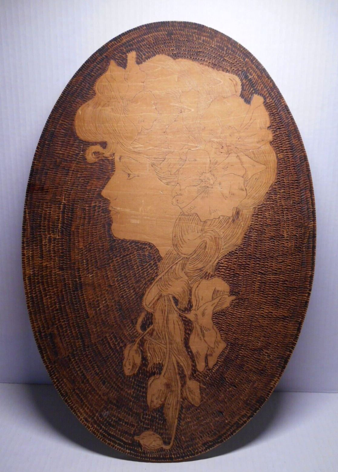 Antique 1910 Pyrography GIBSON GIRL FLEMISH ART Nouveau Wooden Oval Wall Plaque