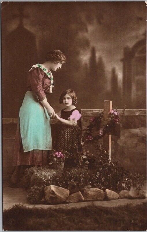 1916 Tinted Photo RPPC Postcard Mother with Little Girl / Portuguese Cancel