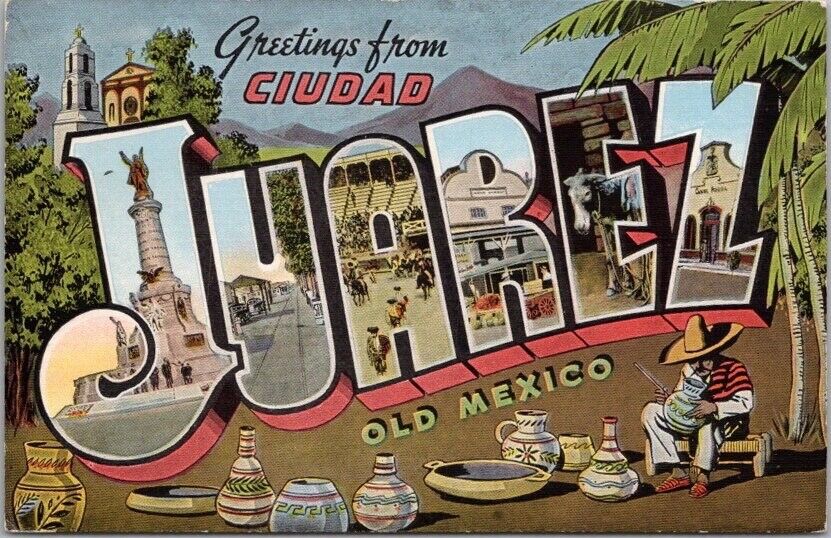 c1940s CIUDAD JUAREZ Mexico Large Letter Postcard Kropp Linen / Mexican Stamp