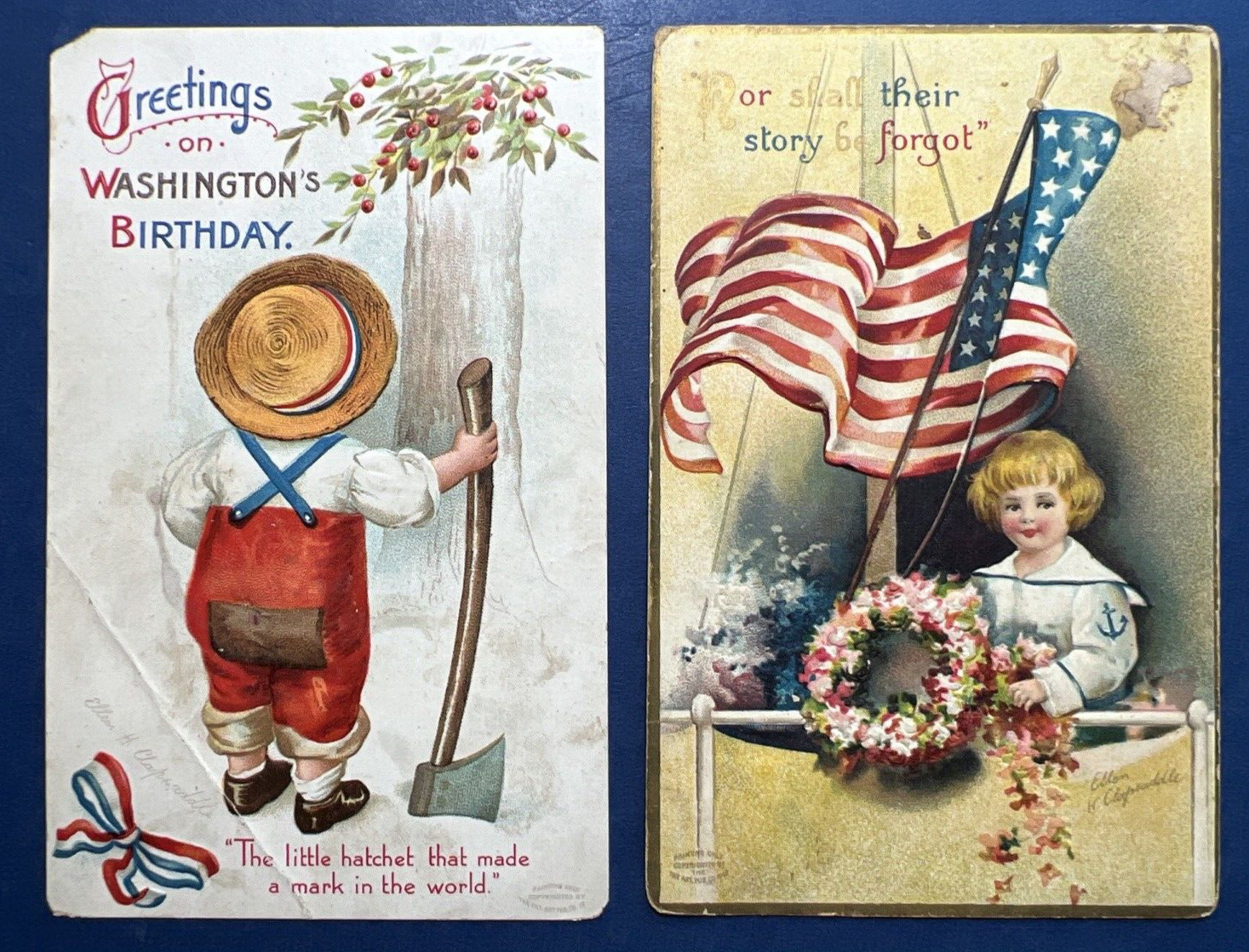 2 Antique Patriotic Postcards. Washington BD, Decoration Day. E.Clapsaddle