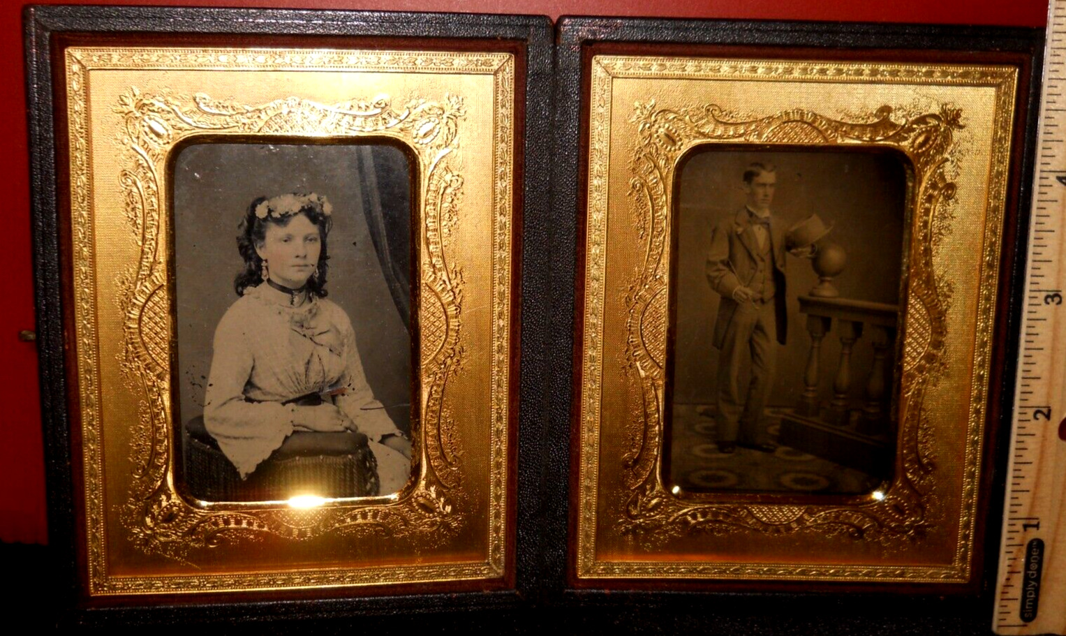 Quarter Plate size double Tintypes in brass mat/frame in case