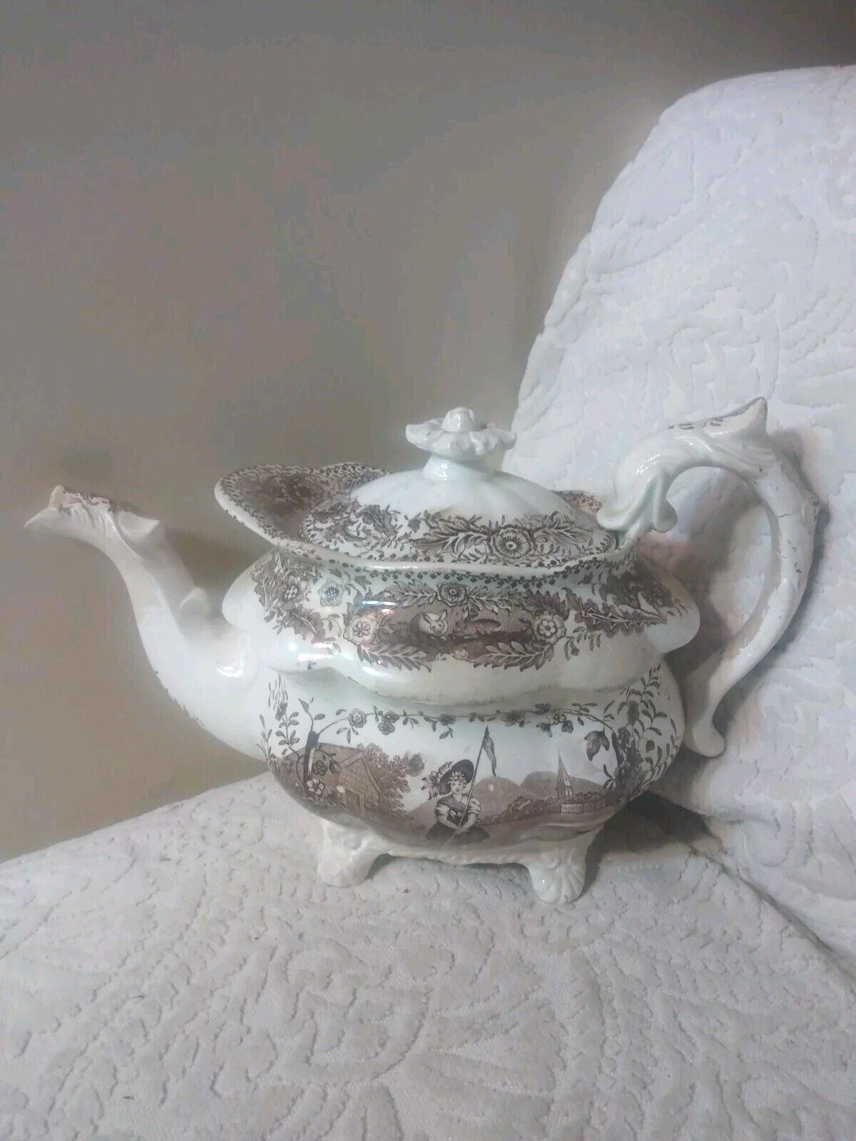 Antique Staffordshire Eng Porcelain Transferware Teapot Lid Feet As-Found Lovely