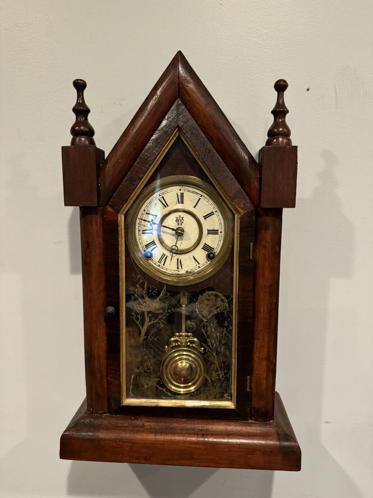 Antique Late 19th Century Waterbury Clock Company Gothic Steeple Mantle Clock