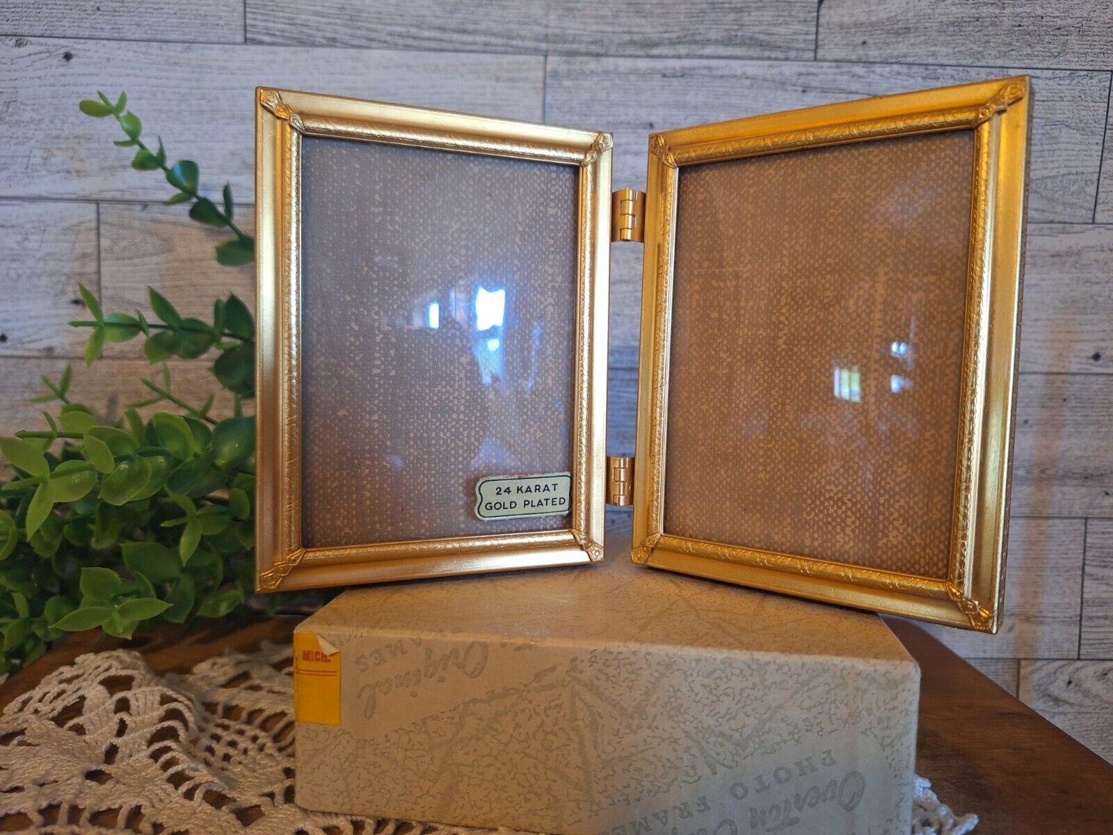 Vintg. Overton 24K Gold Bifold Photo Frame in Original box. MCM, Cottage decor