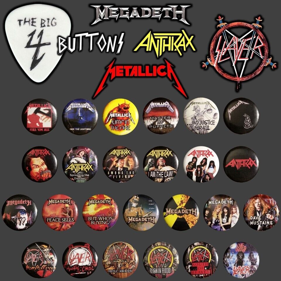Metallica Slayer Megadeth Anthrax Buttons Pins Lot-Of-25 - 80s Metal - The Big 4