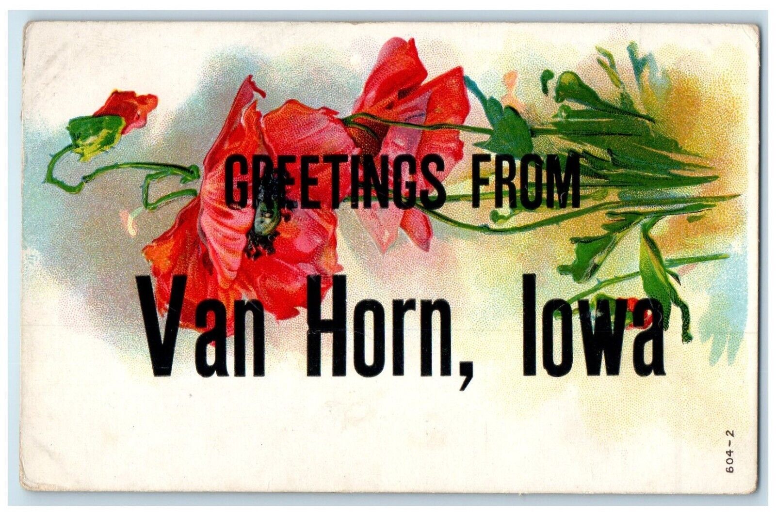 c1910\'s Greetings From Van Horn Iowa IA Red Flowers Embossed Antique Postcard