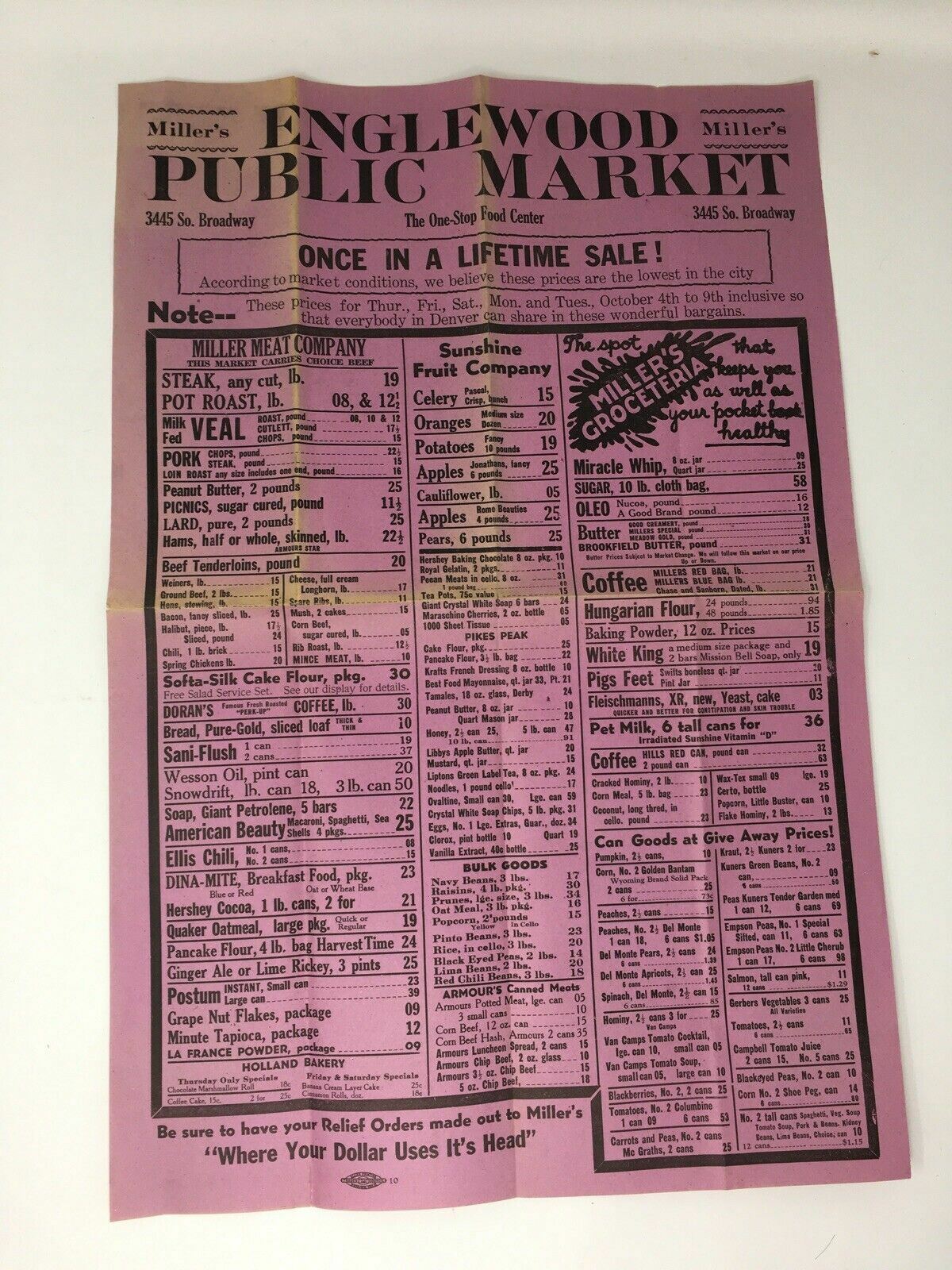 1930's Miller's Public Market Advertising Poster Wall Grocery Store Englewood CO