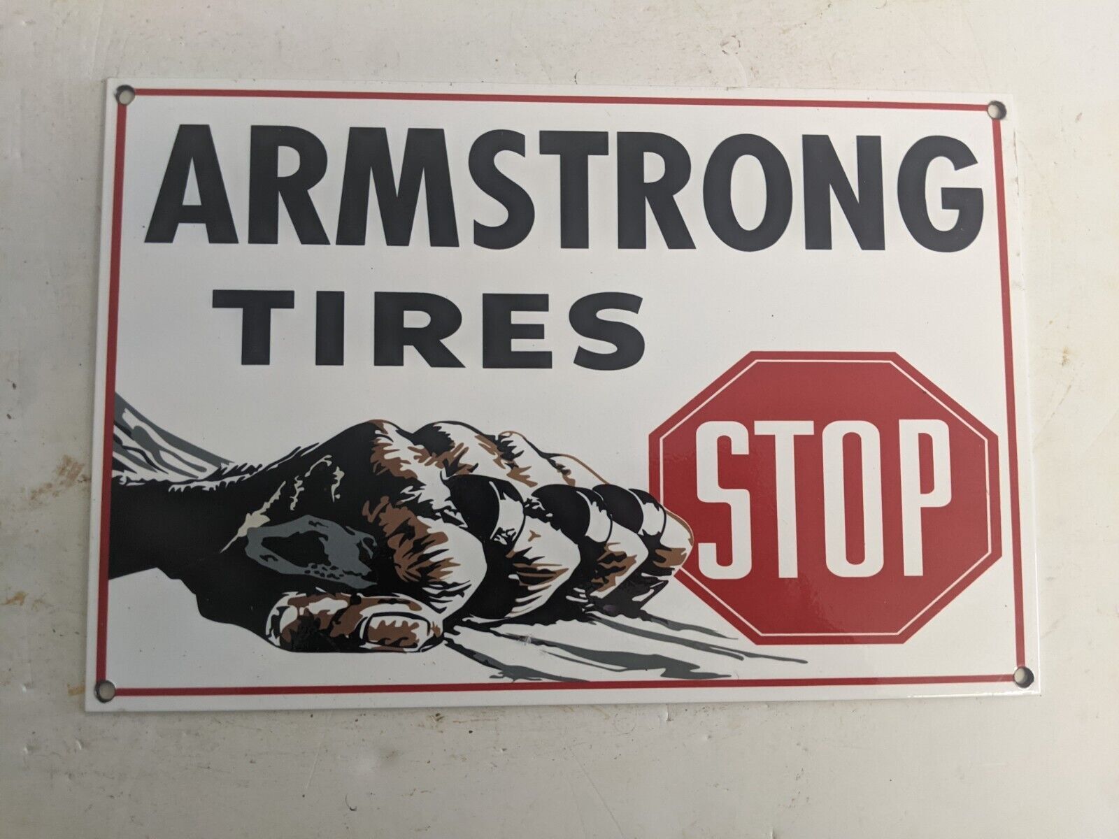 OLD VINTAGE ARMSTRONG TIRES PORCELAIN ADVERTISING SIGN WHEELS TIRE