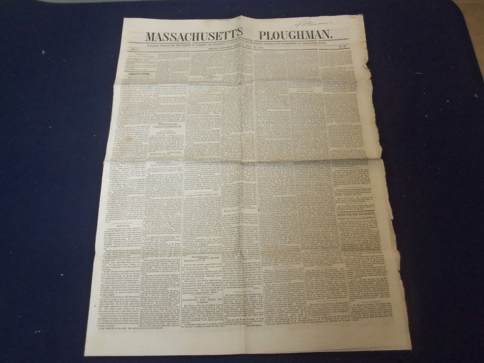 1849 JULY 28 MASSACHUSETTS PLOUGHMAN NEWSPAPER - CALEDONIA ARRIVAL - NP 5171