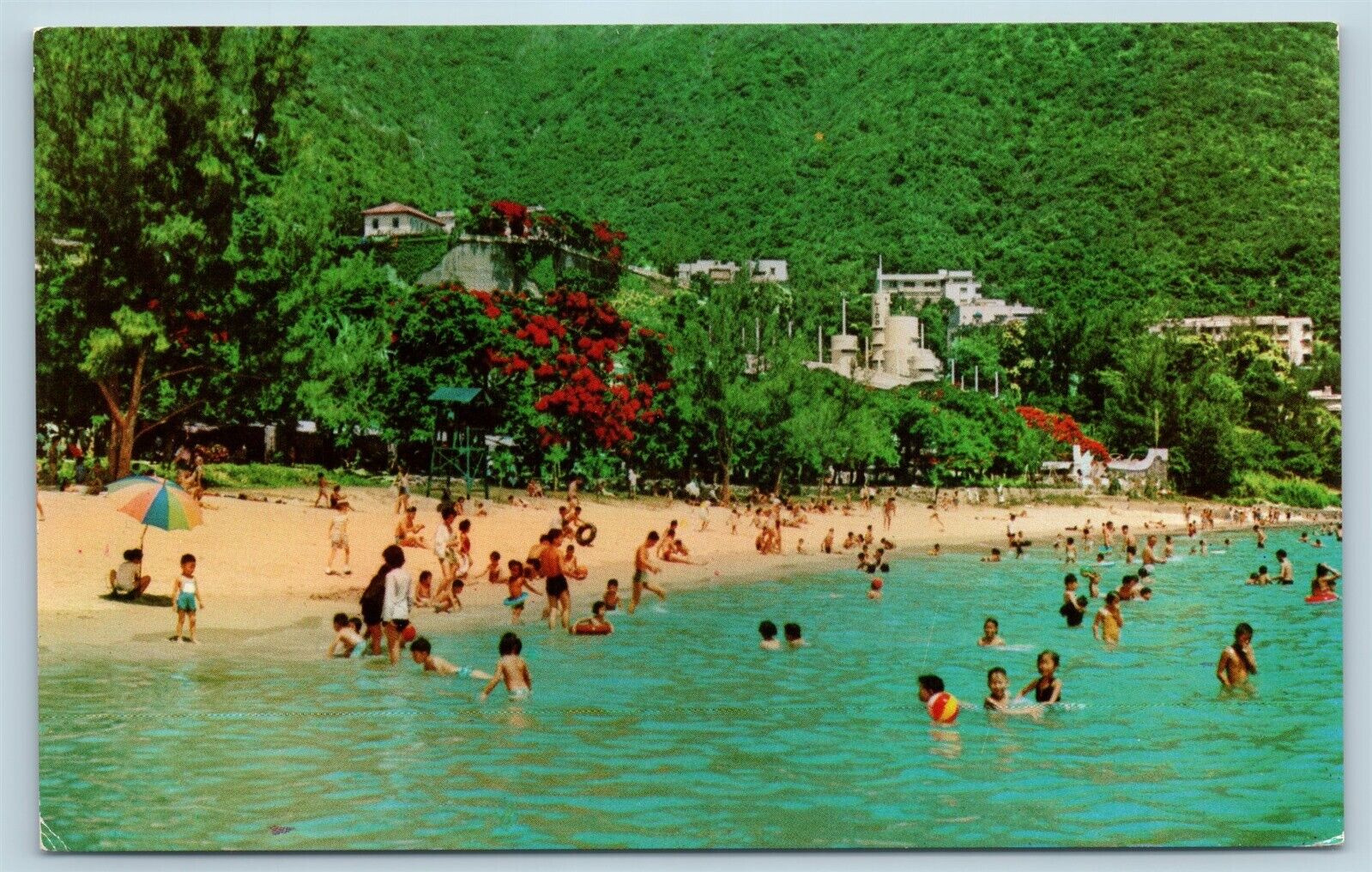Postcard Hong Kong Repulse Bay Beach Hotel Seaview Pavilion Bathers c1960s 