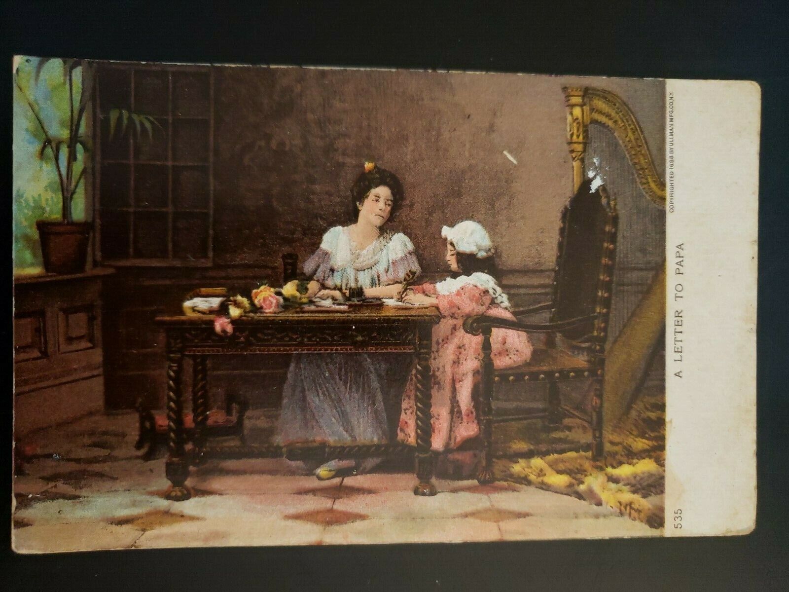 Vintage Antique 1906 “A Letter To Papa” Colorized Mailing Postal Card Art Woman