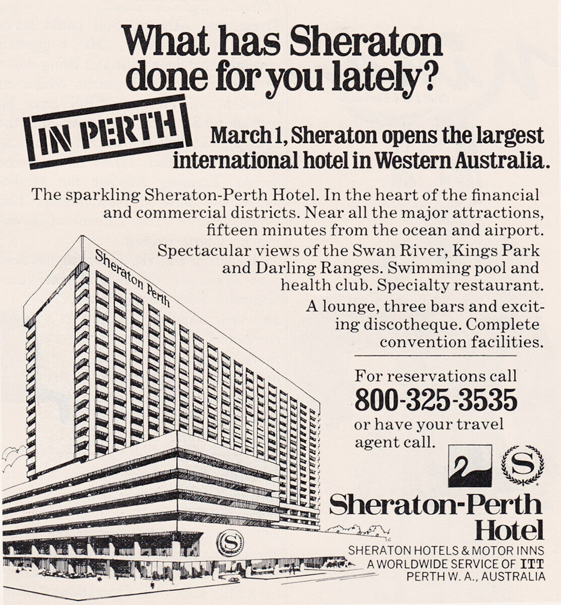 1973 Sheraton Perth: Opens the Largest International Hotel Vintage Print Ad