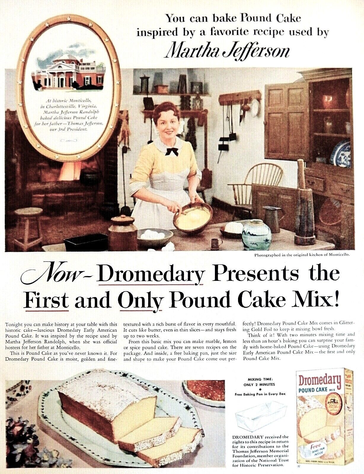 Dromedary Cake mix ad vintage 1956 Jefferson Monticello kitchen advertisement