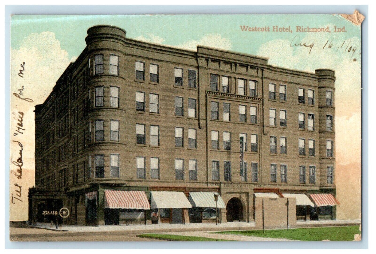1909 Westcott Hotel Building Street View Richmond Indiana IN Antique Postcard