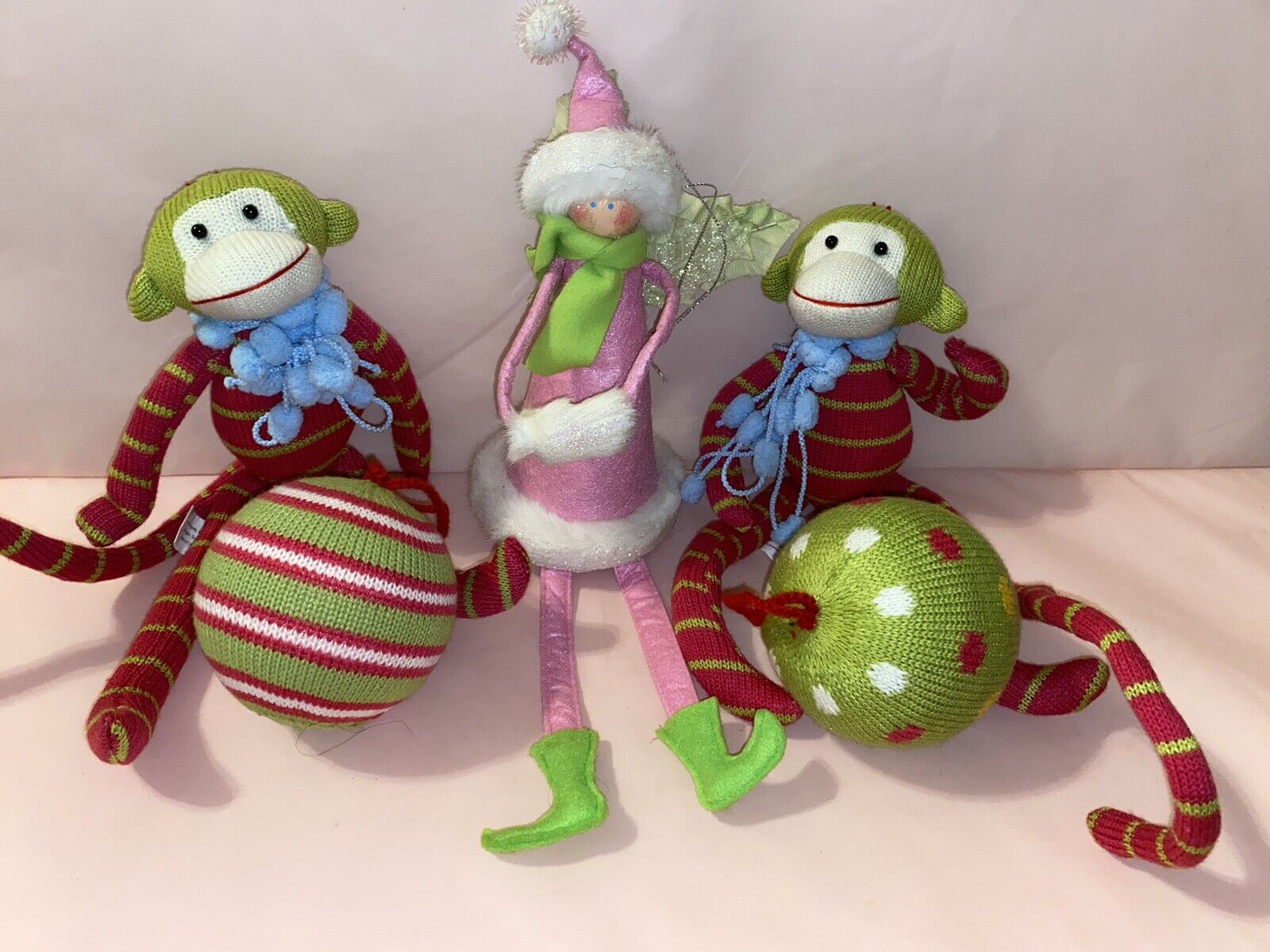 Raz Imports Yarn Sock Monkey Ornaments Pink and Green 4 Piece and Cone Caroler