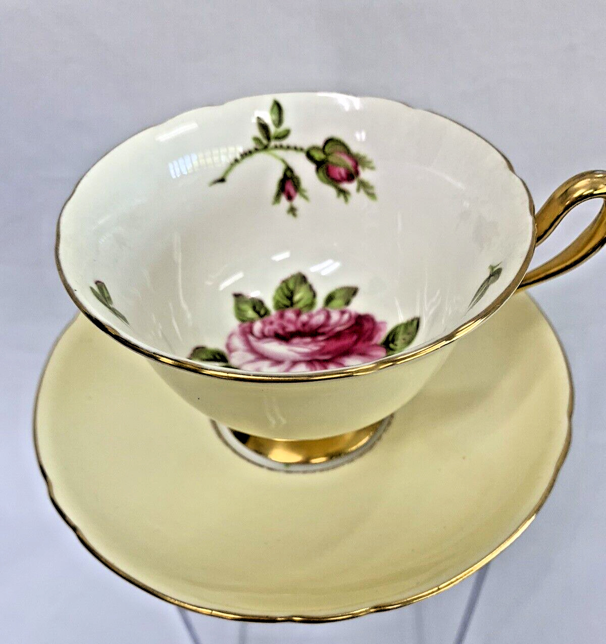 Shelley Bone China Cup & Saucer Pattern, Yellow with gold trim, Pink Roses