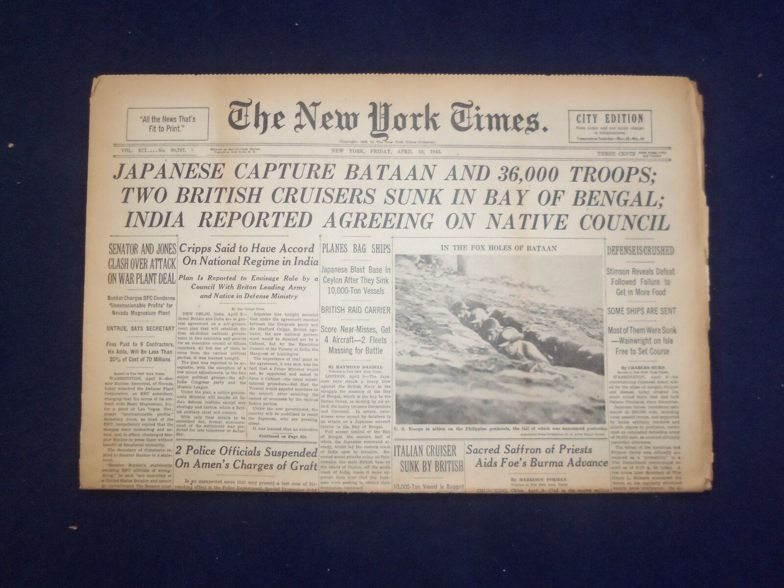 1943 APR 10 NEW YORK TIMES - JAPANESE CAPTURE BATAAN AND 36,000 TROOPS - NP 6530