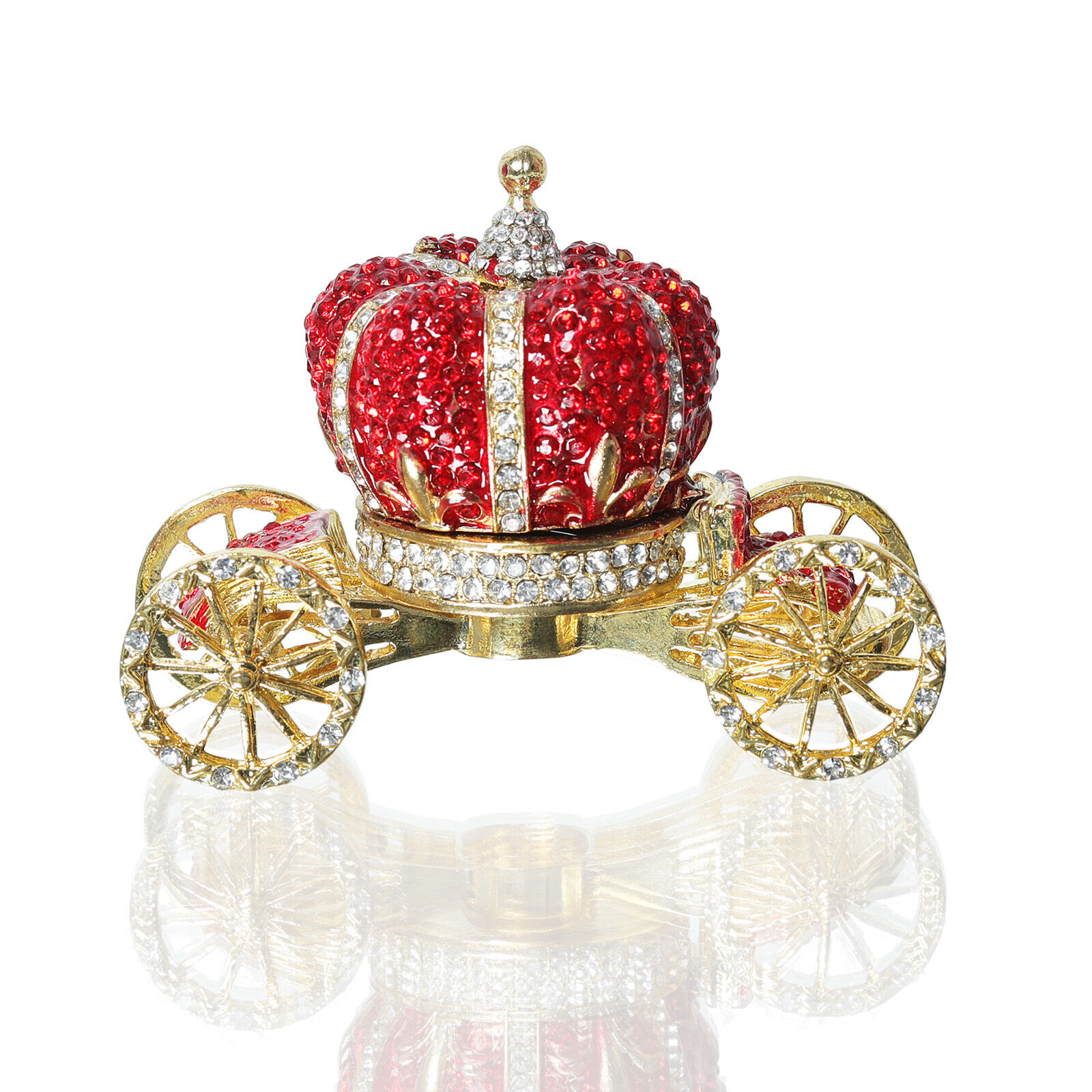 Red Crown Car Trinket Box Hinged Rhinestone Jeweled Colorful Enamel Ring Box