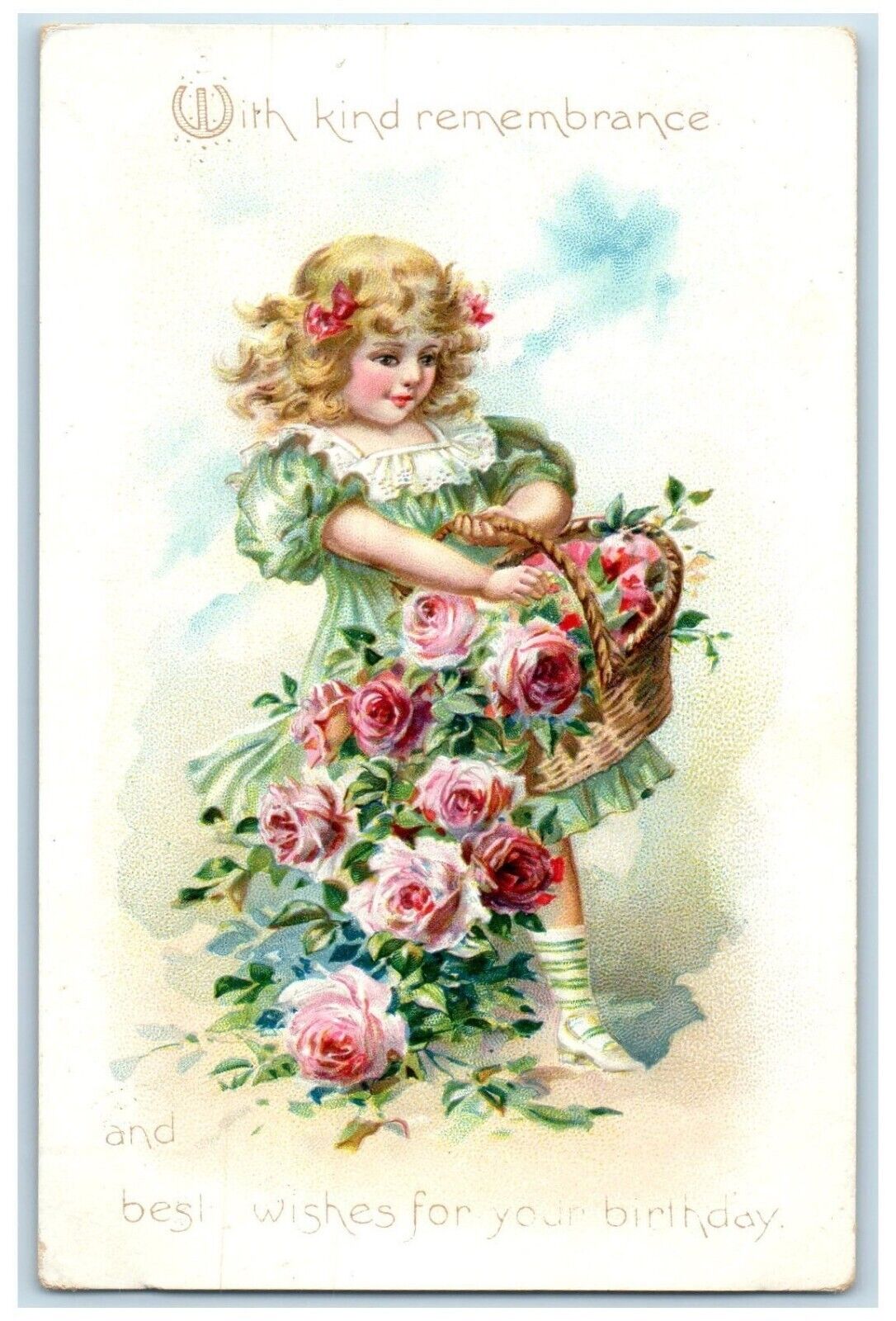 c1910's Birthday Pretty Girl With Roses In Basket Embossed Tuck's Postcard