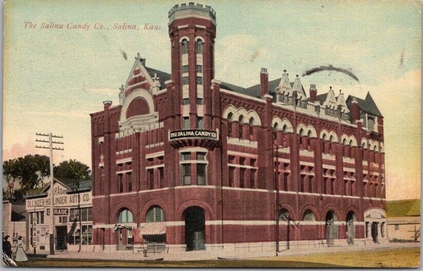 c1910s SALINA, Kansas Postcard SALINA CANDY COMPANY Building / Street View