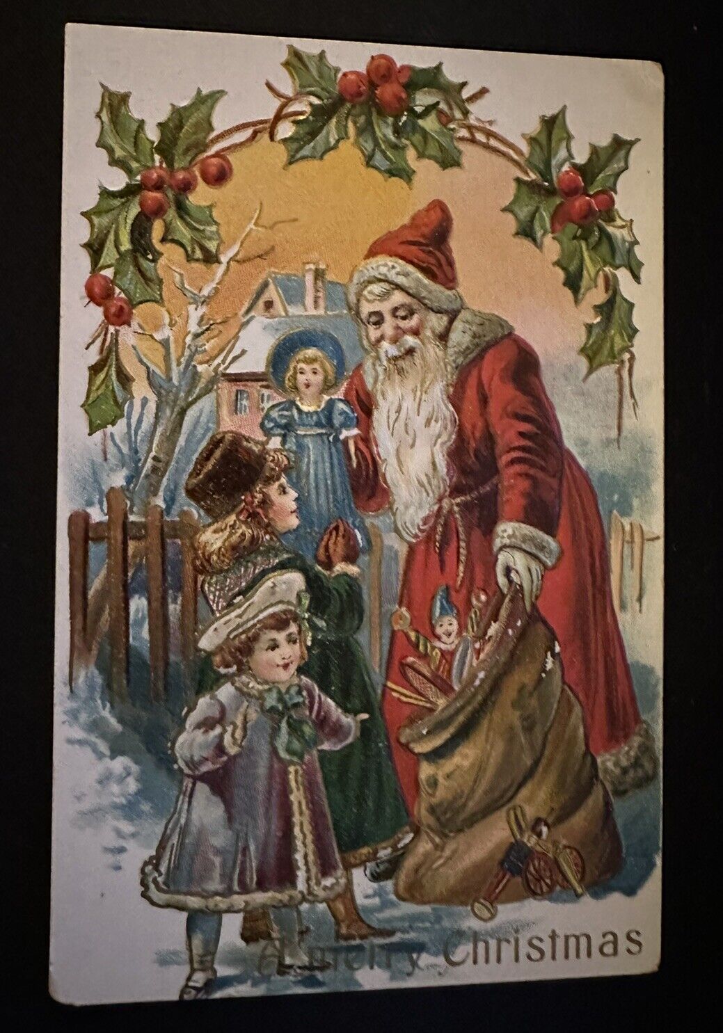 Santa Claus with Victorian Children~Toys~Puppet~Antique~Christmas~Postcard~k702
