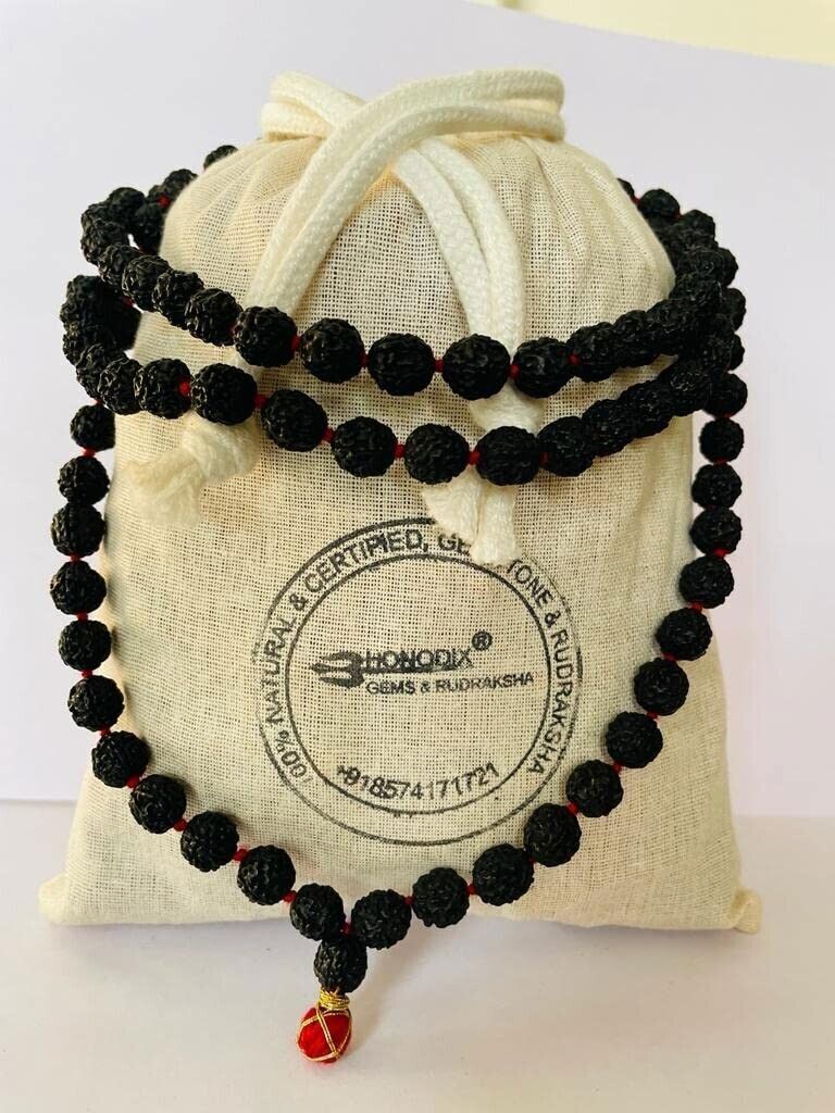 Rudraksha Panchmukhi Mala (Black, 9-10mm) for Wearing and Japa 108 Beads Mala