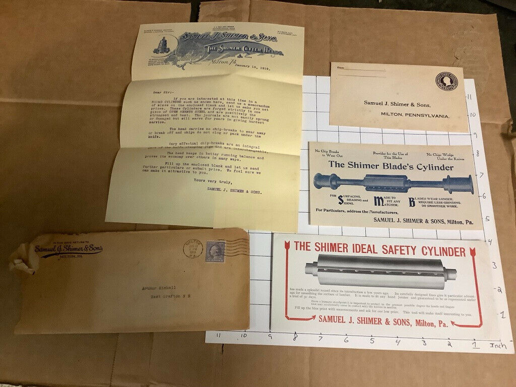Original 1919 Samual J Shimer & sons: letter, ad cards, envelope w vignettes;