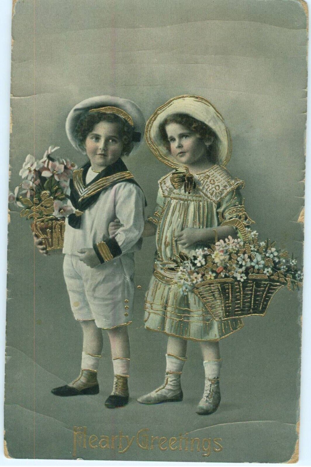 Hearty Greetings  c 1915 Antique Postcard Embossed Children Floral Basket