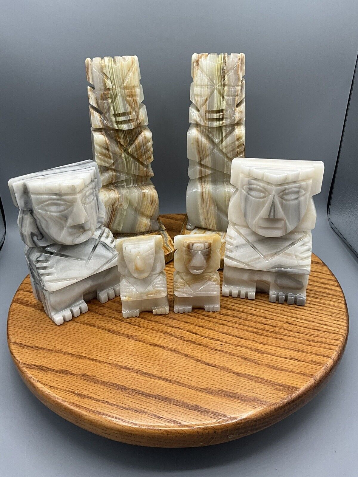 Vintage Trio of  Tiki Totem Carved  Stone Marble Bookends