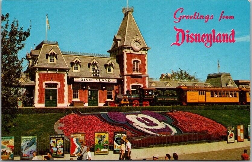 DISNEYLAND Anaheim CA Postcard Railroad Depot / Mickey Mouse Flower Bed #A-2