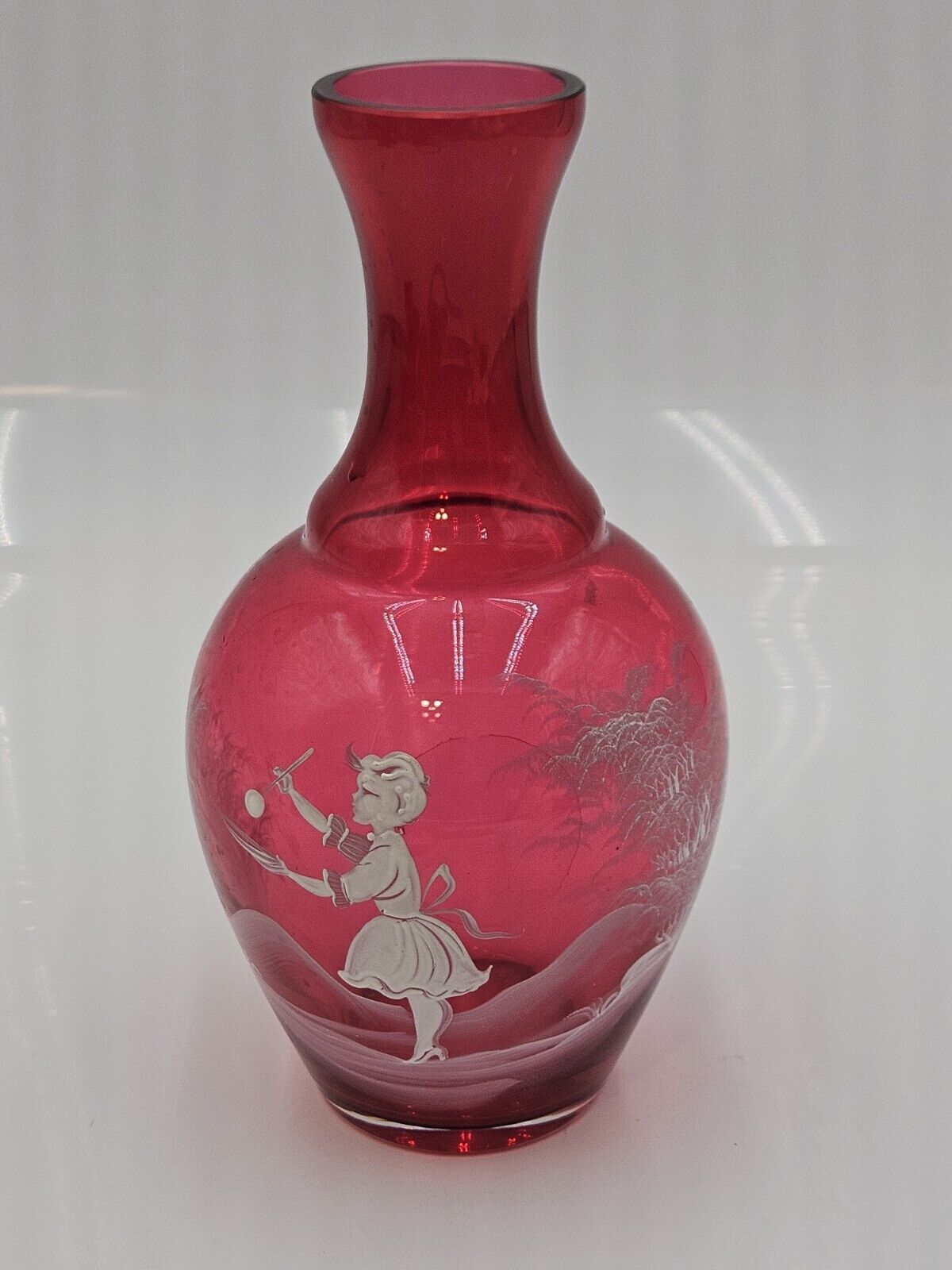 Vintage Bohemian Pink Mary Gregory Glass Vase, Hand Blown 8 Inch Tall Hand Paint