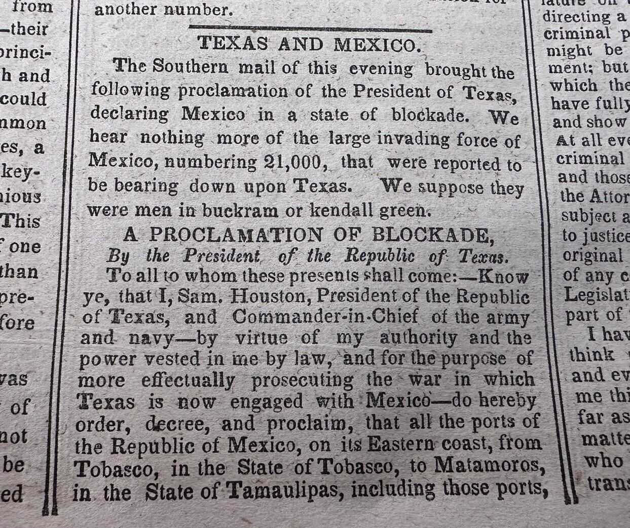 1842 Texas Invasion Mexico Blockade Sam Houston Proclamation War News Newspaper